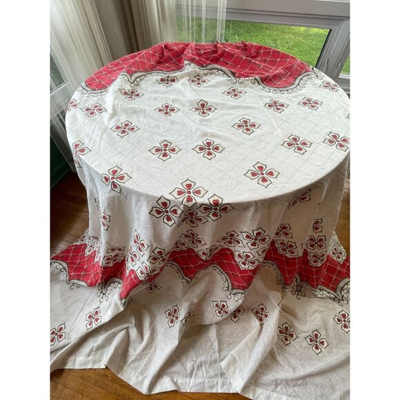 Vintage 1950s curtain, red white green, Christmas ornaments abstract, pleated - Picture 4 of 10